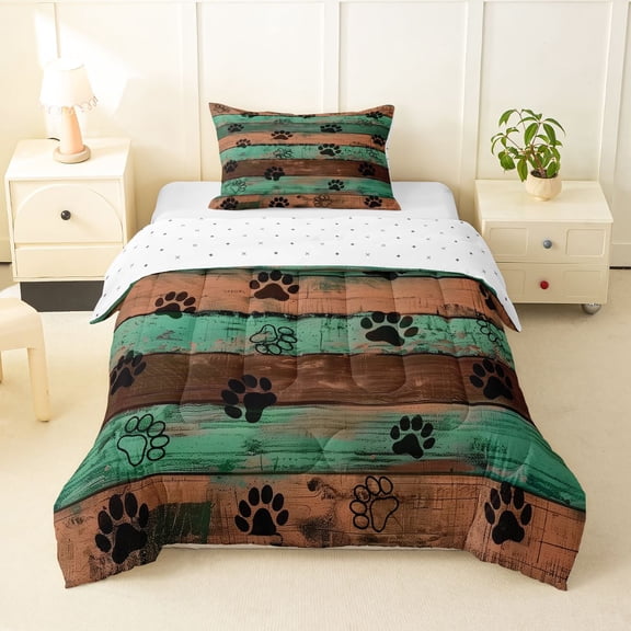 Homewish Rustic Farmhouse Lodge Twin Comforter Sets,Retro Dog Paw Print Bedding Set,Brown Green,Reversible,2 Pieces,1 Comforter and 1 Pillowcase