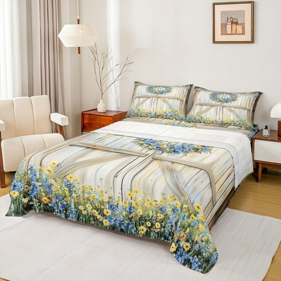 Homewish Rustic Farmhouse Teens Bed Sheets, Blue Yellow Flower Floral King Sheets, Old Barnn Door Sheet Set, Ultra Soft Bedroom Decor, 4pcs