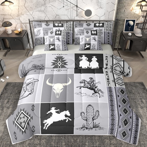 Homewish Rustic Farmhouse Teens Bedding Comforter Set 7pcs, Western Cactus Plant King Bedding Sets, Grey Aztec Abstract Reversible Bed Sheets, Lightweight Room Decor
