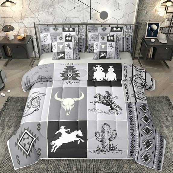 Homewish Rustic Farmhouse Teens Bedding Comforter Set 7pcs, Western Cactus Plant King Bedding Sets, Grey Aztec Abstract Reversible Bed Sheets, Lightweight Room Decor