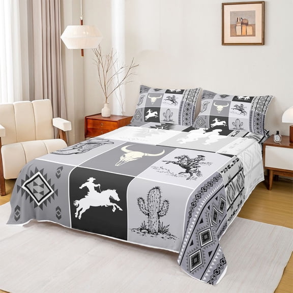Homewish Rustic Farmhouse Teens Twin Sheet Sets, Western Cactus Plant Twin Fitted Sheet, Grey Aztec Abstract Flat Sheet, Lightweight Room Decor, 3pcs