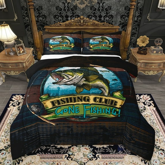 Homewish Rustic Fishing Club Full Size Comforter Sets, Wooden Plank Bedding Comforter Set, Teens Kids Adult Reversible Bedding Sets, Ultra Soft Bedroom Decor, 3 Pieces