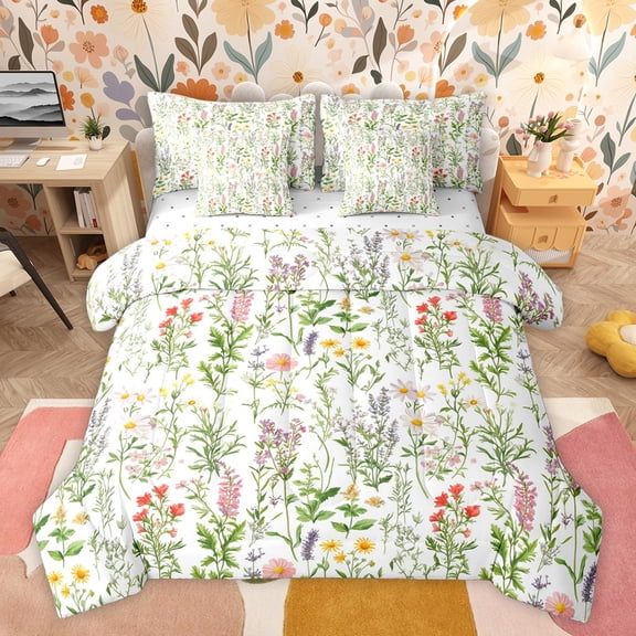 Homewish Rustic Floral Kids Bedding Comforter Set 7pcs, Spring Green Flower King Bedding Sets, Leaf Plant Botanical Reversible Bed Sheets, Microfiber Bedroom Decor