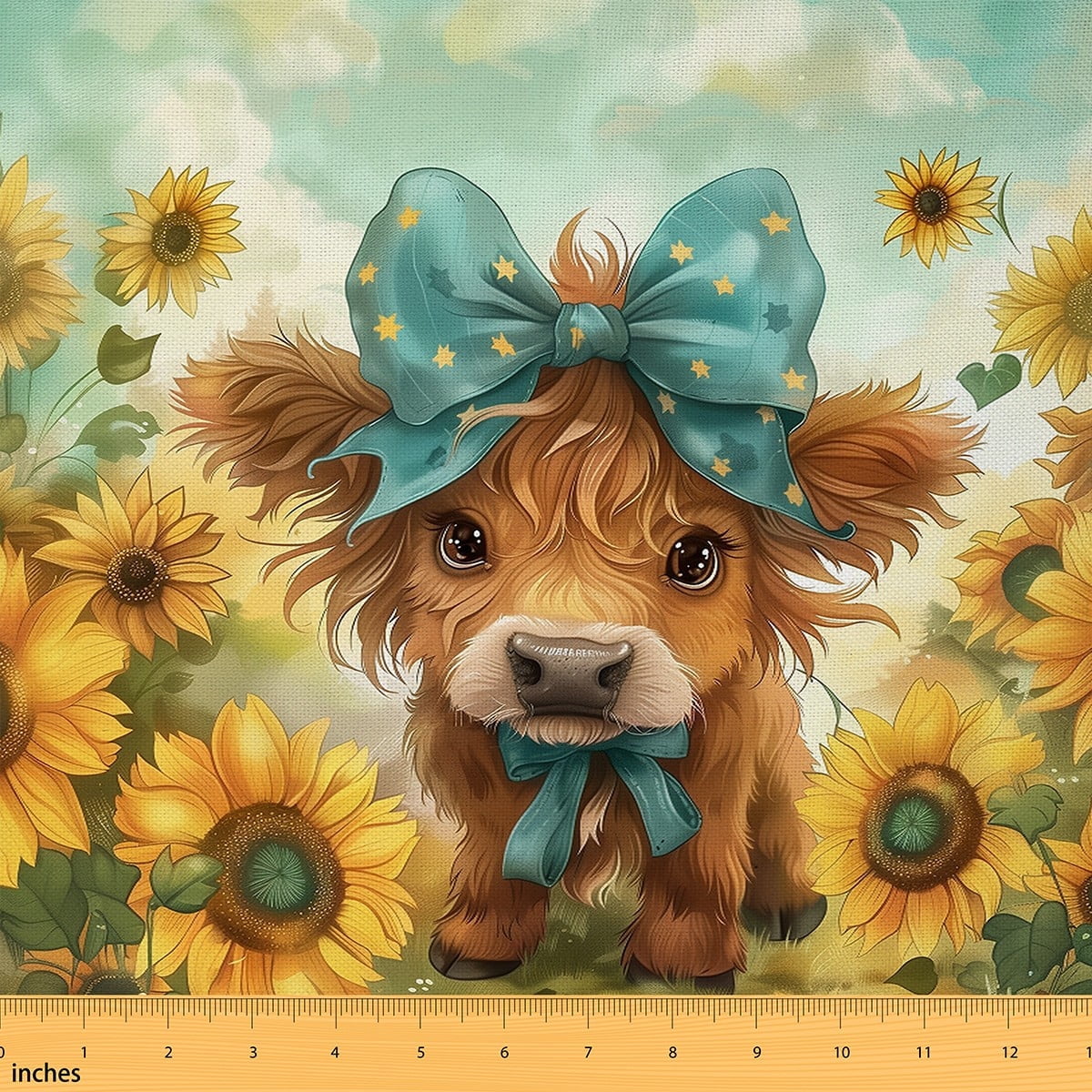 Homewish Rustic Floral Sunflower Fabric by the Yard 1 Yard,Farm Highland Cattle Home Decor Fabric by the Yard,Blue Bowtie Bow Knot Sewing Fabric For Girl Boys,Ultra Soft Home Decor