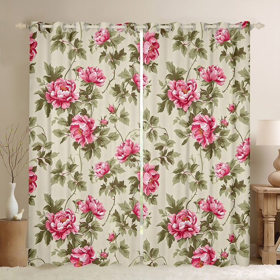 Homewish Rustic Flower Black Out Curtains,Country Floral Curtains Pack of 2 (42x63 Each),Pink Beige Green Bedroom Curtains For Girls,Microfiber Bedroom Decor
