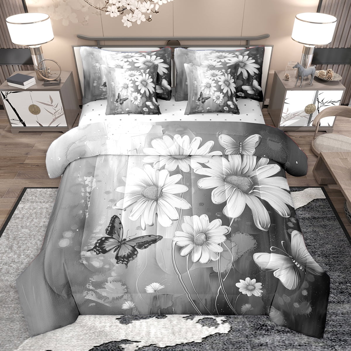 Homewish Rustic Flower Floral 7-Piece Bedding Comforter Set,Oil Painting Artistic King Bedding Sets,Gray White Bed Sheets For Gir Kids,Super Cozy Room Decor Reversible