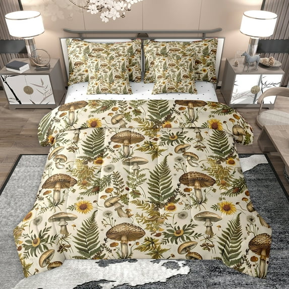 Homewish Rustic Flower Floral 7-Piece Twin Bedding Sets,Retro Brown Mushroom Bedding Comforter Set,Colorful Botanical Leaves Sheet Sets For Boys Kids,Luxury Bedroom Decor