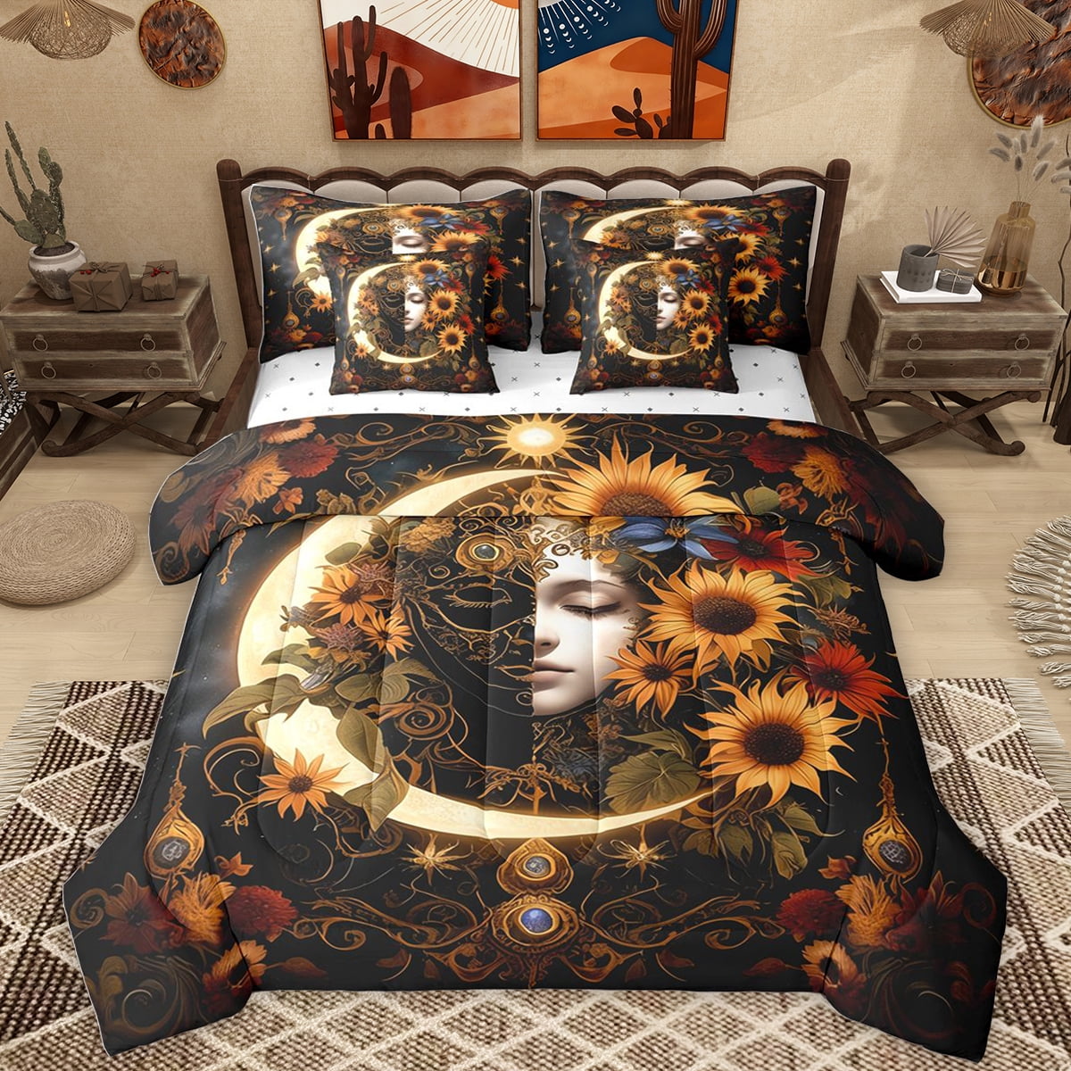 Homewish Rustic Flower Floral 7 Pieces Bedding Comforter Set,Boho Bohemain Theme Full Bedding Set,Yellow Moon Sunflower Fitted Sheet Flat Sheet For Men Women,Ultra Soft Home Decor Reversible