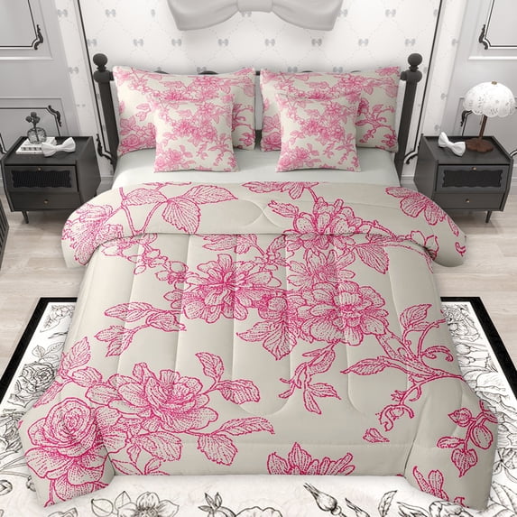 Homewish Rustic Flower Floral 7 Pieces Bedding Comforter Set,Countryside Theme Full Bedding Set,Pink Gray Fitted Sheet Flat Sheet For Adults,Microfiber Bedroom Decor Reversible