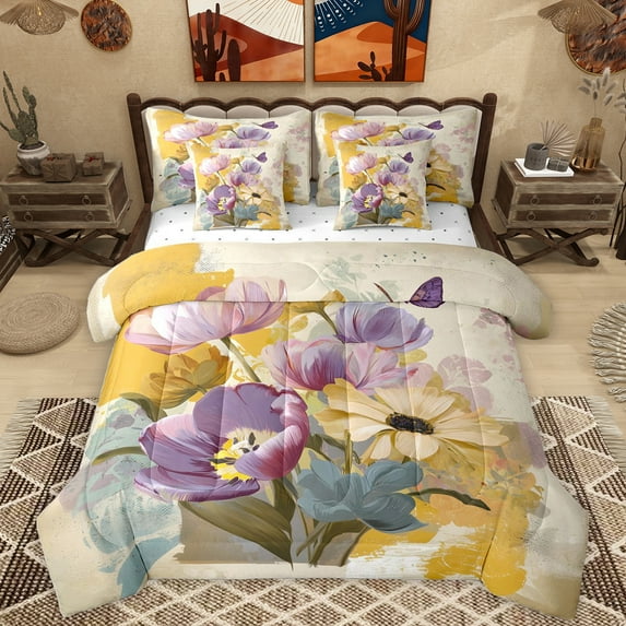 Homewish Rustic Flower Floral 7 Pieces Bedding Comforter Set,Vintage Graffiti Full Bedding Set,Purple Orange Fitted Sheet Flat Sheet For Kids,Super Cozy Room Decor Reversible