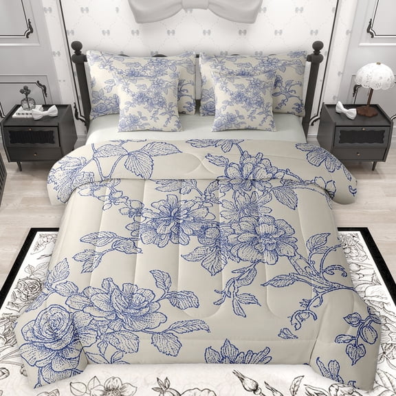 Homewish Rustic Flower Floral 7pcs Bedding Comforter Set,Countryside Theme Queen Bedding Sets,Blue Gray Queen Sheet Sets For Adults,Microfiber Bedroom Decor Reversible