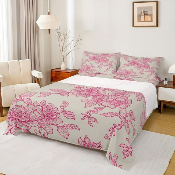 Homewish Rustic Flower Floral Bed Sheets,Countryside Theme King Sheets,Pink Gray Sheet Set For Adults,Microfiber Bedroom Decor,4-Piece