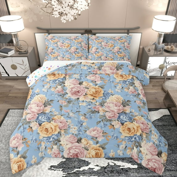 Homewish Rustic Flower Floral Bedding Comforter Set,Country Plant Twin Comforter Sets,Blue Pink Orange Bedding Set For Teens,Luxury Bedroom Decor Reversible,2pcs