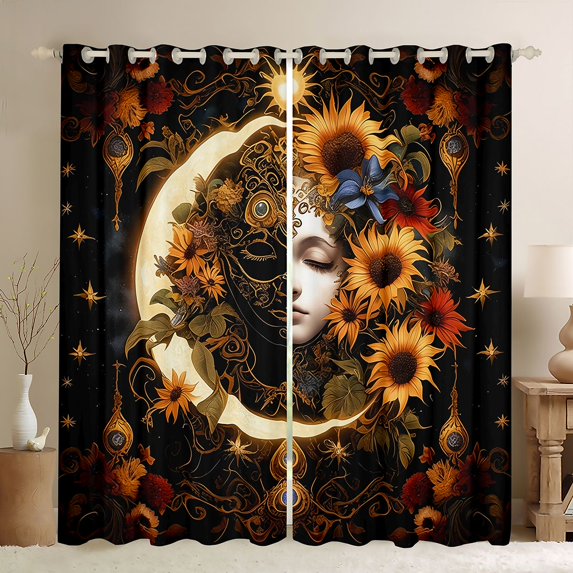 Homewish Rustic Flower Floral Black Out Curtains,Boho Bohemain Theme Curtains Pack of 2 (42x63 Each),Yellow Moon Sunflower Bedroom Curtains For Men Women,Ultra Soft Home Decor