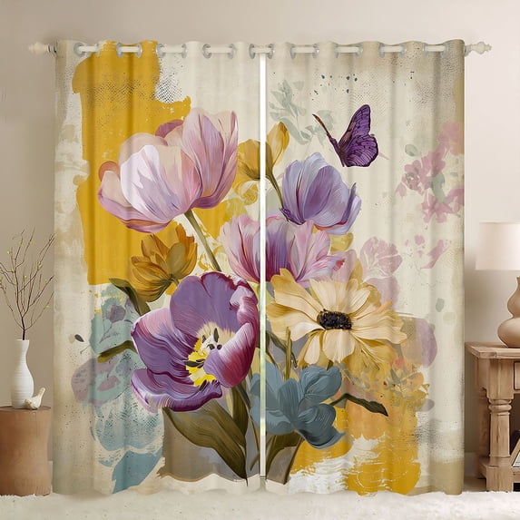 Homewish Rustic Flower Floral Curtains Pack of 2 (42x84 Each),Vintage Graffiti Curtains Blackout,Purple Orange Bedroom Curtains For Kids,Super Cozy Room Decor