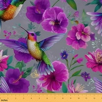 Homewish Rustic Flower Floral Fabric by the Yard 1 Yard,Cartoon Hummingbird Home Decor Fabric by the Yard,Purple Green Gray Sewing Fabric For Girls Kids,Breathable Home Decor