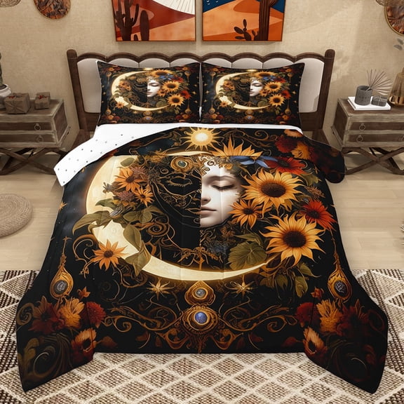 Homewish Rustic Flower Floral Queen Comforter Set,Boho Bohemain Theme Bedding Sets,Yellow Moon Sunflower Bedding Comforter Set For Men Women,Ultra Soft Home Decor Reversible,3 Pieces