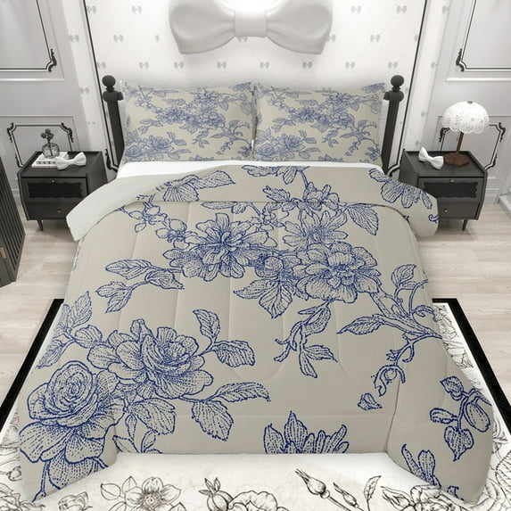 Homewish Rustic Flower Floral Queen Comforter Set,Countryside Theme Bedding Sets,Blue Gray Bedding Comforter Set For Adults,Microfiber Bedroom Decor Reversible,3pcs