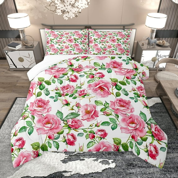 Homewish Rustic Flower Floral Queen Comforter Set,Vintage Country Bedding Sets,Pink Green Bedding Comforter Set For Girl Kids,Breathable Home Decor,3-Piece