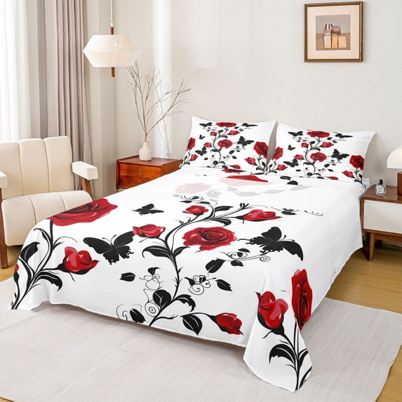 Homewish Rustic Flower Floral Twin Sheet Sets,Vintage Boho Butterfly Twin Fitted Sheet,Red White Flat Sheet For Kids,Super Cozy Room Decor,3-Piece