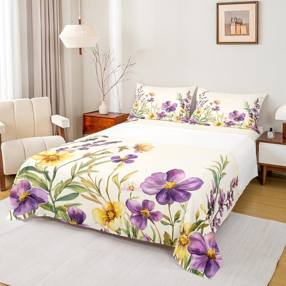 Homewish Rustic Flower Lavender Twin Sheet Sets,Country Floral Twin Fitted Sheet,Purple Beige Green 03 For Girls,Microfiber Bedroom Decor,3pcs