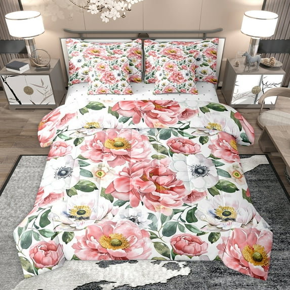 Homewish Rustic Flower Leaves 7-Piece Twin Bedding Sets,Country Floral Bedding Comforter Set,Green White Pink Sheet Sets For Girls,Microfiber Bedroom Decor