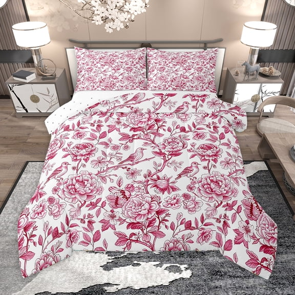 Homewish Rustic Flower Leaves Full Size Comforter Sets,Country Floral Bedding Comforter Set,Pink White Bedding Sets For Girls,Microfiber Bedroom Decor Reversible,3-Piece
