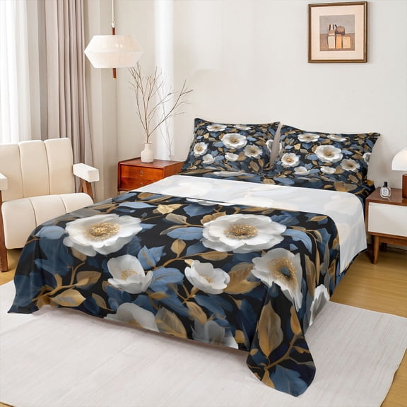 Homewish Rustic Flower Leaves Full Size Sheets,Country Floral Bed Sheets,White Brown Deepblue Sheet Sets For Girls,Microfiber Bedroom Decor,4pcs