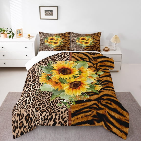Homewish Rustic Flower Sunflower Full Size Comforter Sets,Safari Leopard Print Bedding Comforter Set,Brown Yellow Bedding Sets For Girl Kids,Super Cozy Room Decor,3 Pieces