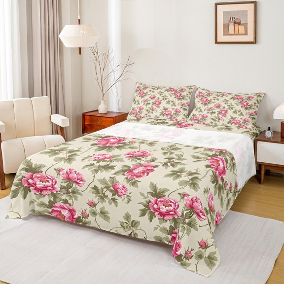 Homewish Rustic Flower Twin Sheet Sets,Country Floral Twin Fitted Sheet,Pink Beige Green 03 For Girls,Microfiber Bedroom Decor,3-Piece