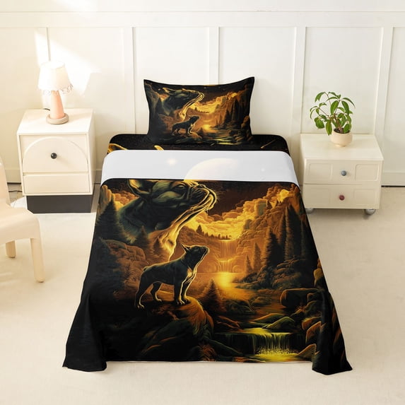 Homewish Rustic French Bulldog Twin Sheets,Retro Animal Bedding,Golden,3pcs,1 Fitted Sheet and 1 Pillowcase