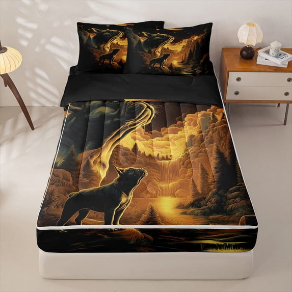 Homewish Rustic French Bulldog Zipper Twin Comforter Sets with Fitted Sheet and 2 Pillowcases,Retro Animal Zipper Bedding Set,Golden,Black Reversible,4pcs
