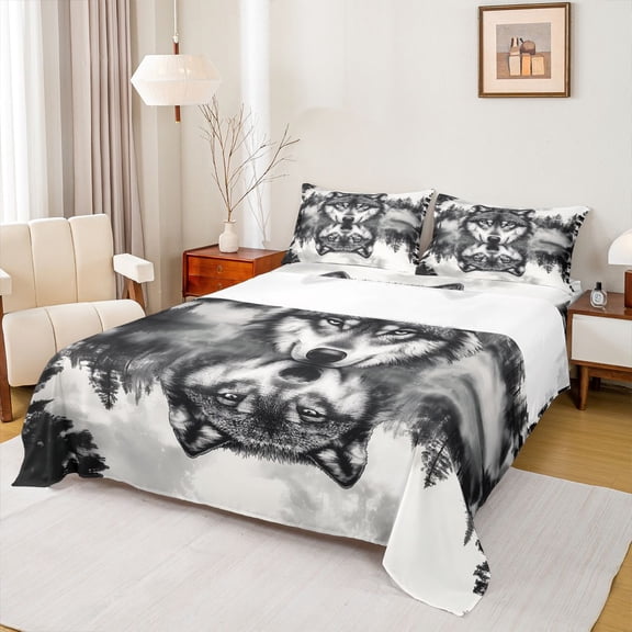 Homewish Rustic Grey Wolf Twin Sheet Sets, Jungle Pine Tree Twin Fitted Sheet, Western Lake House Flat Sheet, Microfiber Bedroom Decor, 3 Pieces