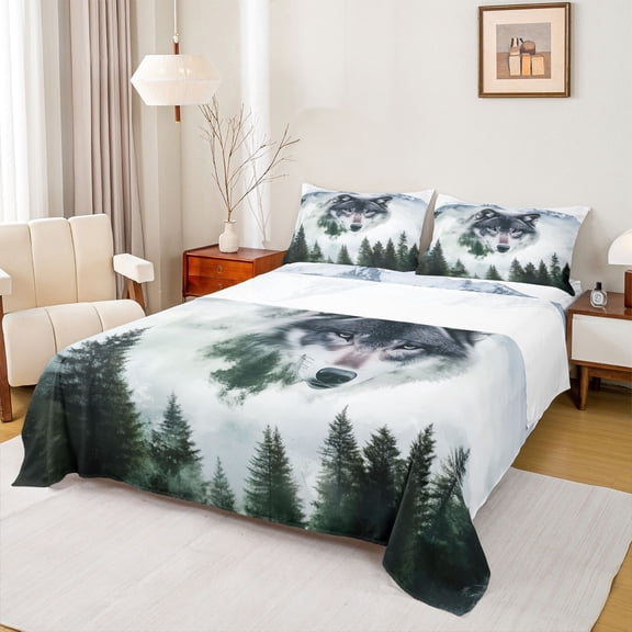 Homewish Rustic Grey Wolf Twin Sheet Sets, Pine Tree Plant Twin Fitted Sheet, Teens Kids Boys Girls Flat Sheet, Lightweight Room Decor, 3-Piece