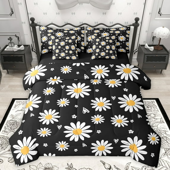 Homewish Rustic Groovy Daisy Bedding Comforter Set 7 Pieces for Kids, Vibrant Flower Floral Full Bedding Set, Kawaii Cartoon Reversible Fitted Sheet Flat Sheet, Breathable Home Decor