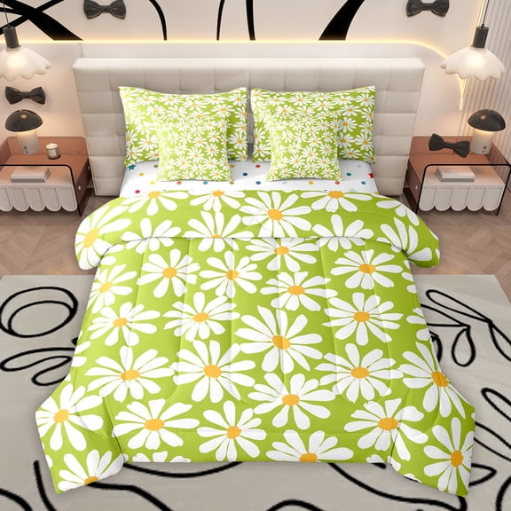 Homewish Rustic Groovy Flower Bedding Comforter Set 7pcs, Cartoon Green Floral Queen Bedding Sets, Teens Kids Boys Girls Reversible Queen Sheet Sets, Breathable Home Decor