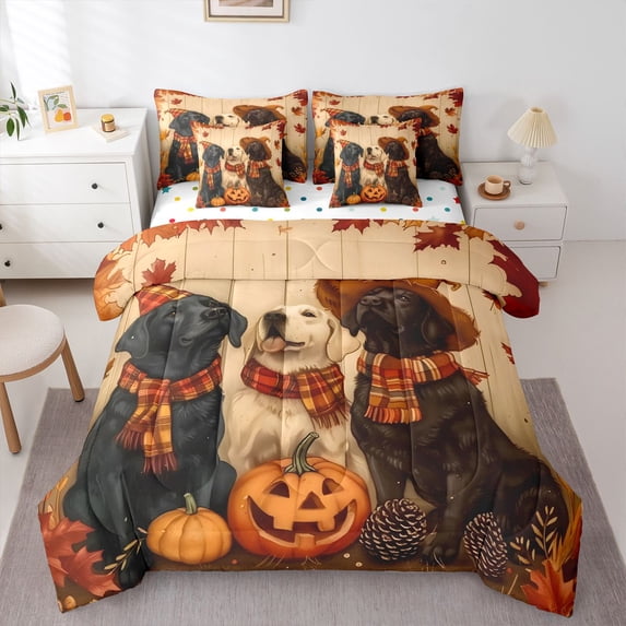 Homewish Rustic Halloween Dog 7pcs Queen Bedding,Pumpkin Lantern Bedding Comforter Set Queen,Farmhouse Decor,Polkadot Reversible