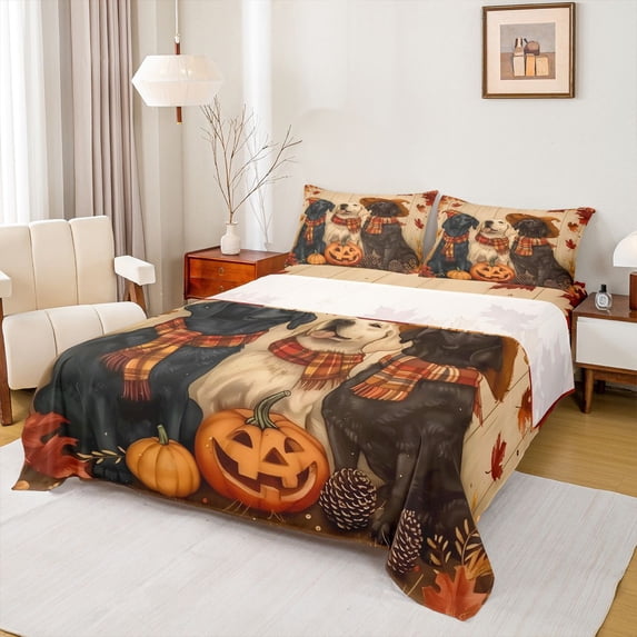 Homewish Rustic Halloween Dog Bed Sheets,Pumpkin Lantern Full Size Sheets,Farmhouse Decor,4pcs,1 Flat Sheet, 1 Fitted Sheet and 2 Pillowcases