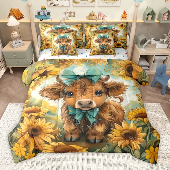 Homewish Rustic Highland Cattle 7pcs Bedding Comforter Set,Rustic Flower Sunflower Queen Bedding Sets,Yellow Brown Queen Sheet Sets For Kids,Super Cozy Room Decor Reversible
