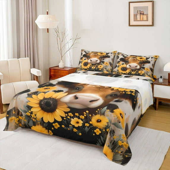 Homewish Rustic Highland Cow Bed Sheets,Countryside Sunflower King Sheets,Yellow Brown Sheet Set For Boys Kids,Microfiber Bedroom Decor,4 Pieces