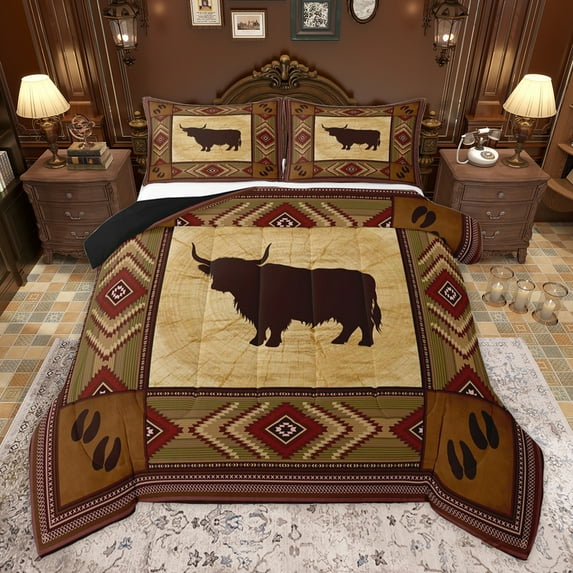 Homewish Rustic Highland Cow Full Size Comforter Sets for Adult, Hippie Boho Aztec Bedding Comforter Set, Vintage Fashion Reversible Bedding Sets, Lightweight Room Decor, 3-Piece