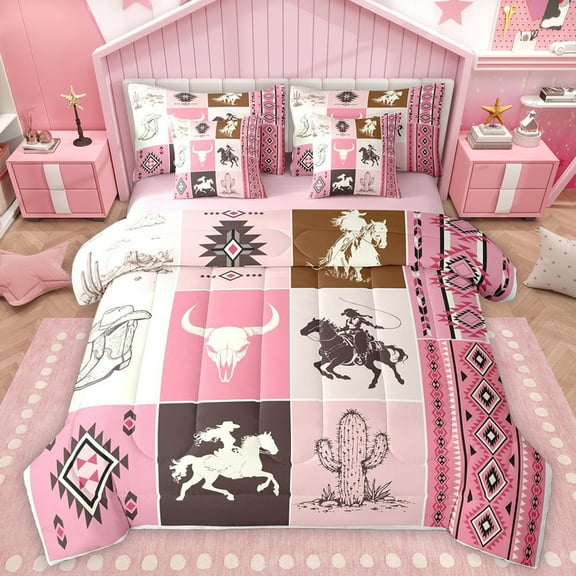 Homewish Rustic Horse Animal Twin Bedding Sets 7-Piece, Western Sheep Skeleton Bedding Comforter Set, Girly Pink Buffalo Plaid Reversible Sheet Sets, Luxury Bedroom Decor