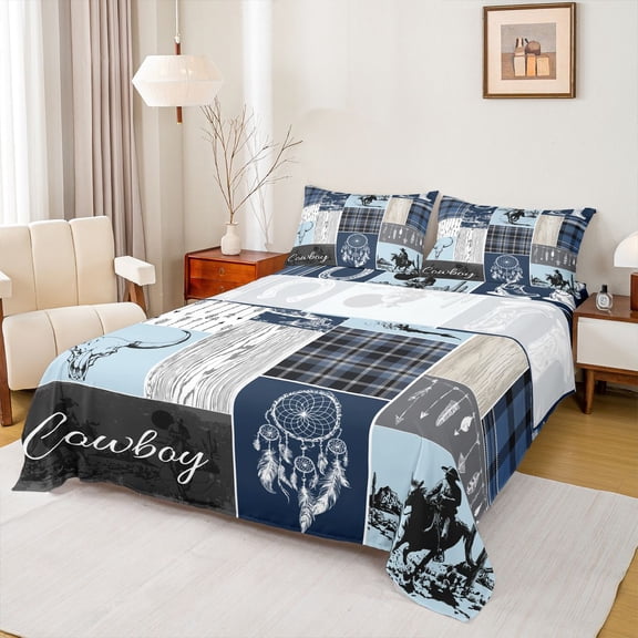 Homewish Rustic Horse Animal Twin Sheet Sets, Hippie Sheep Skeleton Twin Fitted Sheet, Southwestern Flat Sheet, Grey Blue Lightweight Room Decor, 3-Piece