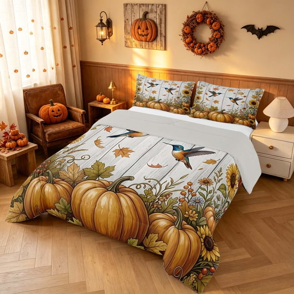 Homewish Rustic Hummingbird Pumpkin Full Size Comforter Sets, Chic Sunflower Bedding Comforter Set, White Orange Blue, Gray Reversible, 3 Pieces 1 Comforter and 2 Pillowcases