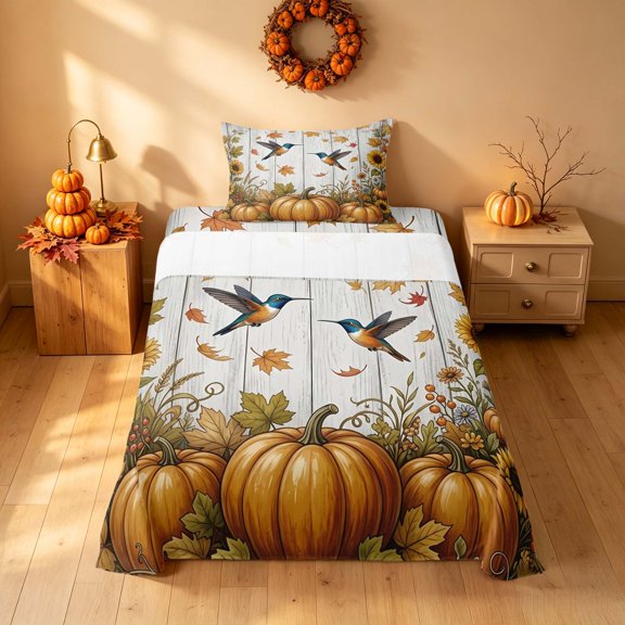 Homewish Rustic Hummingbird Pumpkin Twin Sheets, Chic Sunflower Bedding, White Orange Blue, 3 Pieces (1 Flat Sheet, 1 Fitted Sheet and 1 Pillowcase)