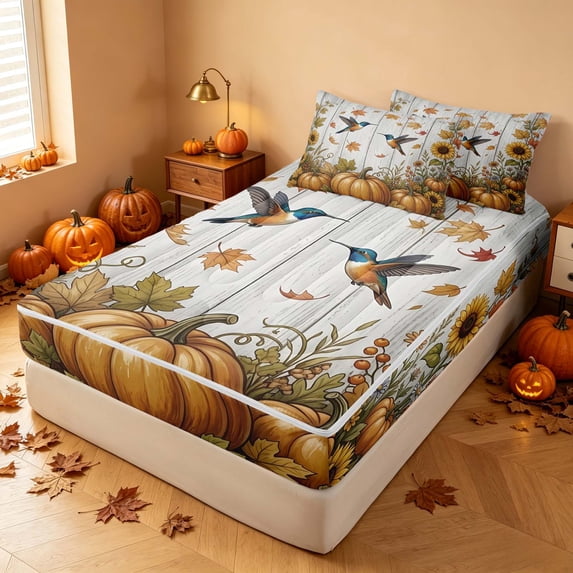 Homewish Rustic Hummingbird Pumpkin Zipper Twin Comforter Sets with Fitted Sheet and 2 Pillowcases, Chic Sunflower Zipper Bedding Set, White Orange Blue, Gray Reversible
