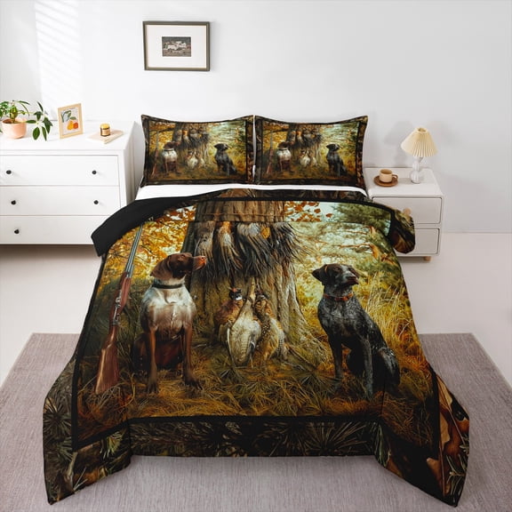 Homewish Rustic Hunting Adult Bedding Comforter Set, Farmhouse Dog Animal Twin Comforter Sets, Countryside Style Reversible Bedding Set, Breathable Home Decor, 2 Pieces