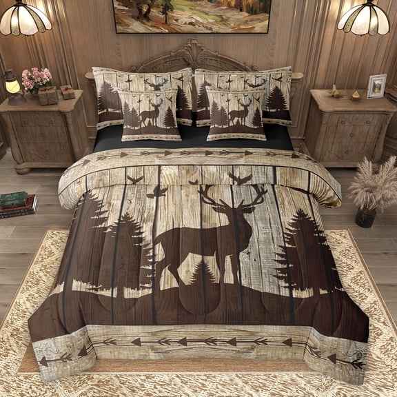 Homewish Rustic Hunting Adult Twin Bedding Sets 7-Piece, Jungle Deer Moose Animal Bedding Comforter Set, Old Barn Door Reversible Sheet Sets, Microfiber Bedroom Decor