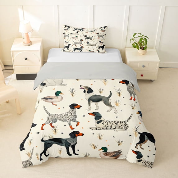Homewish Rustic Hunting Dog Twin Duvet Cover,Vintage Mallard Duck Twin Bedding,Beige,Light Gray Reversible,2pcs,1 Duvet Cover and 1 Pillowcase