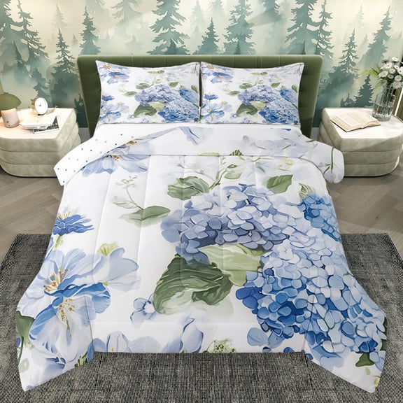Homewish Rustic Hydrangea Queen Comforter Set,Country Plant Bedding Sets,Blue Green White Bedding Comforter Set For Girls Kids,Ultra Soft Home Decor Reversible,3pcs